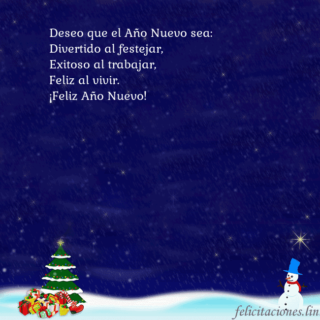 Tarjeta de felicitación con un muñeco de nieve, un árbol de Navidad y regalos Deseo que el Año Nuevo sea:
Divertido al festejar, Tarjeta de felicitación con un muñeco de nieve, un árbol de Navidad y regalos