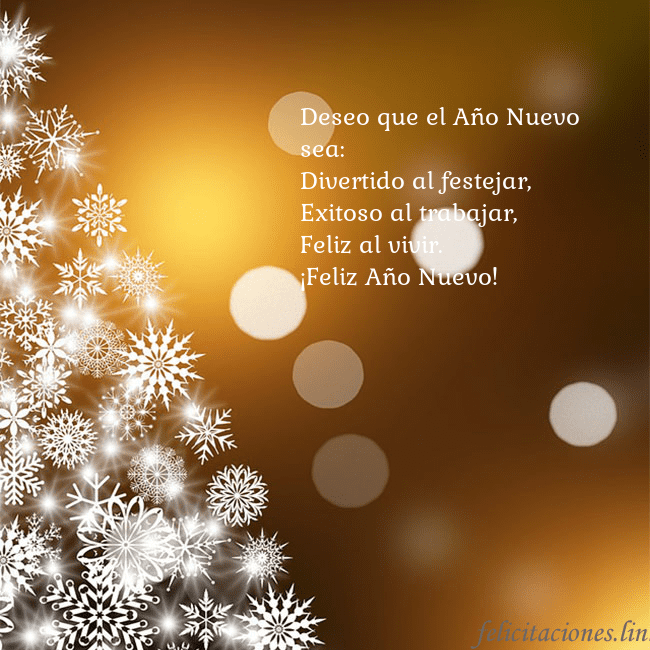 Tarjeta de felicitación con un árbol de Navidad hecho de copos de nieve Deseo que el Año Nuevo sea:
Divertido al festejar, Tarjeta de felicitación con un árbol de Navidad hecho de copos de nieve