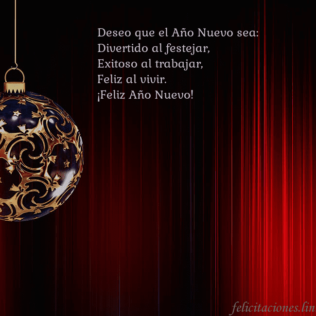 Tarjeta roja con un lujoso juguete de árbol de Navidad Deseo que el Año Nuevo sea:
Divertido al festejar, Tarjeta roja con un lujoso juguete de árbol de Navidad