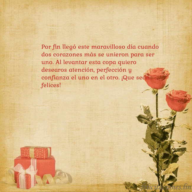 Tarjeta con rosas y regalos Por fin llegó este maravilloso día cuando dos cora Tarjeta con rosas y regalos