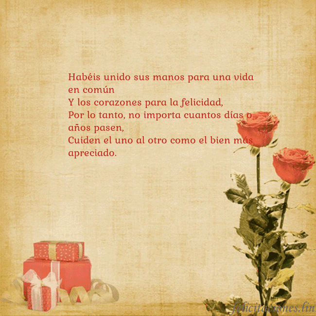 Tarjeta con rosas y regalos Habéis unido sus manos para una vida en común
Y lo Tarjeta con rosas y regalos