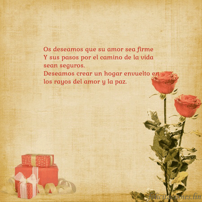 Tarjeta con rosas y regalos Os deseamos que su amor sea firme
Y sus pasos por Tarjeta con rosas y regalos