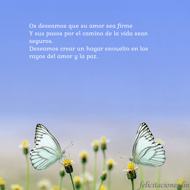 Tarjeta de boda con dos mariposas Os deseamos que su amor sea firme
Y sus pasos por Tarjeta de boda con dos mariposas