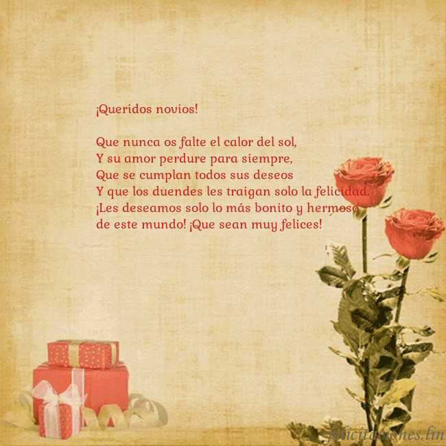 Tarjeta con rosas y regalos
¡Queridos novios!
Que nunca os falte el calor de Tarjeta con rosas y regalos