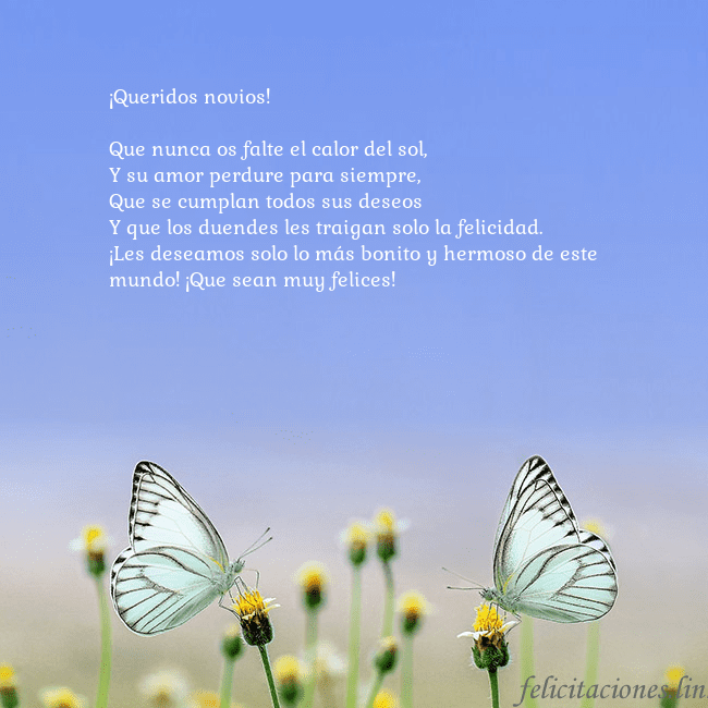 Tarjeta de boda con dos mariposas
¡Queridos novios!
Que nunca os falte el calor de Tarjeta de boda con dos mariposas