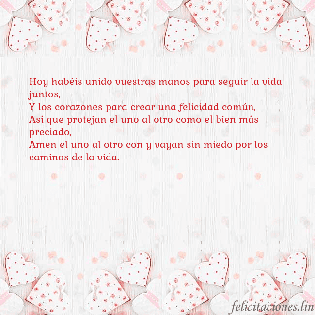 Tarjeta con corazones blancos Hoy habéis unido vuestras manos para seguir la vid Tarjeta con corazones blancos
