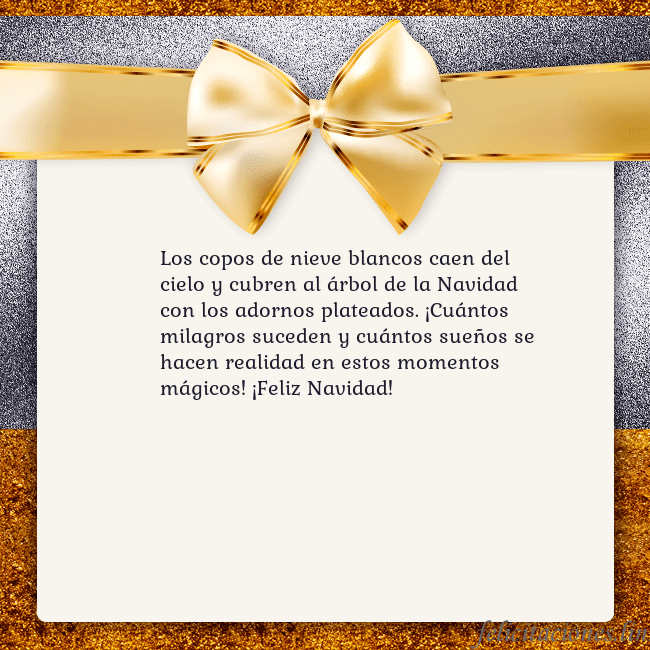 Tarjeta con una gran cinta dorada Los copos de nieve blancos caen del cielo y cubren Tarjeta con una gran cinta dorada