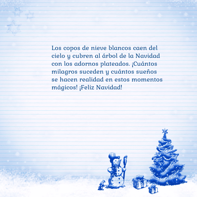Tarjeta con un muñeco de nieve azul y un árbol de Navidad Los copos de nieve blancos caen del cielo y cubren Tarjeta con un muñeco de nieve azul y un árbol de Navidad