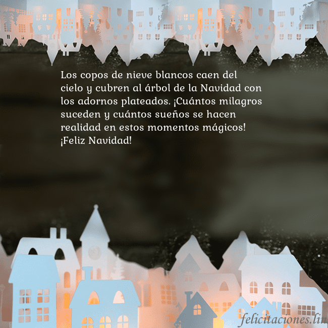 Tarjeta con una ciudad resplandeciente Los copos de nieve blancos caen del cielo y cubren Tarjeta con una ciudad resplandeciente