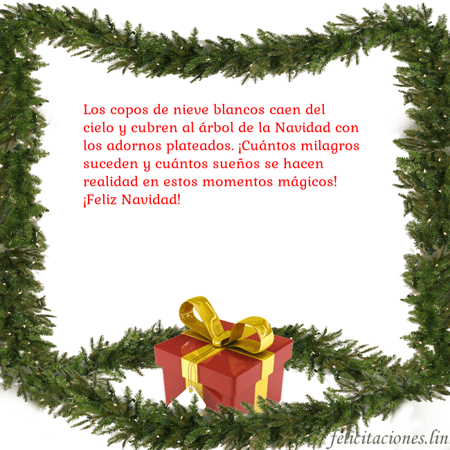 Tarjeta con ramas de abeto y regalo Los copos de nieve blancos caen del cielo y cubren Tarjeta con ramas de abeto y regalo
