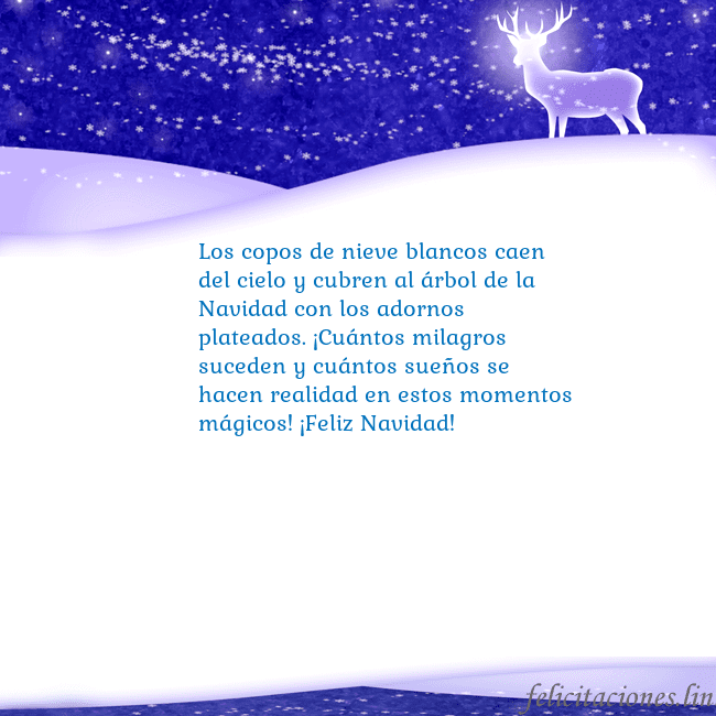 Tarjeta con con nieve y un ciervo brillante Los copos de nieve blancos caen del cielo y cubren Tarjeta con con nieve y un ciervo brillante