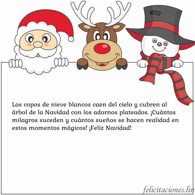 Tarjeta con santa claus, ciervos y monigote de nieve Los copos de nieve blancos caen del cielo y cubren Tarjeta con santa claus, ciervos y monigote de nieve