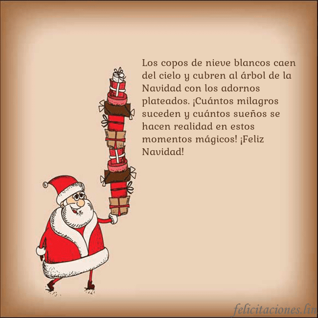 Tarjeta con Papá Noel y regalos Los copos de nieve blancos caen del cielo y cubren Tarjeta con Papá Noel y regalos