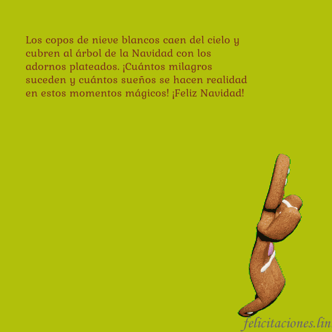 Postal electrónica animada con pan de jengibre bailando Los copos de nieve blancos caen del cielo y cubren Postal electrónica animada con pan de jengibre bailando