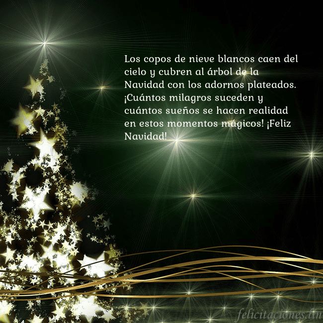Tarjeta de Navidad verde con árbol dorado brillante Los copos de nieve blancos caen del cielo y cubren Tarjeta de Navidad verde con árbol dorado brillante