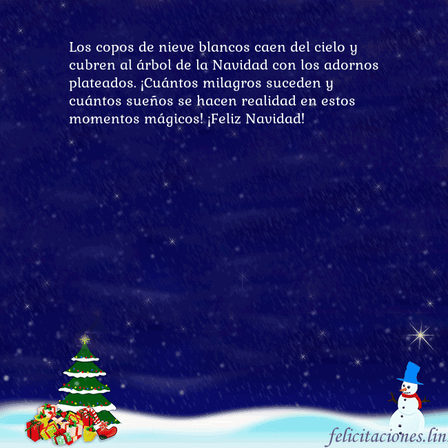 Tarjeta de felicitación con un muñeco de nieve, un árbol de Navidad y regalos Los copos de nieve blancos caen del cielo y cubren Tarjeta de felicitación con un muñeco de nieve, un árbol de Navidad y regalos