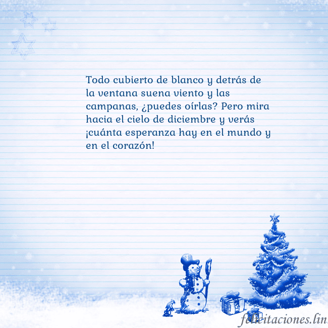 Tarjeta con un muñeco de nieve azul y un árbol de Navidad Todo cubierto de blanco y detrás de la ventana sue Tarjeta con un muñeco de nieve azul y un árbol de Navidad