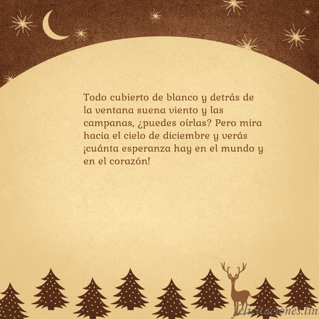 Tarjeta marrón con ciervos y abetos Todo cubierto de blanco y detrás de la ventana sue Tarjeta marrón con ciervos y abetos