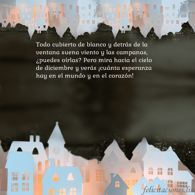 Tarjeta con una ciudad resplandeciente Todo cubierto de blanco y detrás de la ventana sue Tarjeta con una ciudad resplandeciente