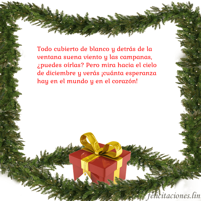 Tarjeta con ramas de abeto y regalo Todo cubierto de blanco y detrás de la ventana sue Tarjeta con ramas de abeto y regalo