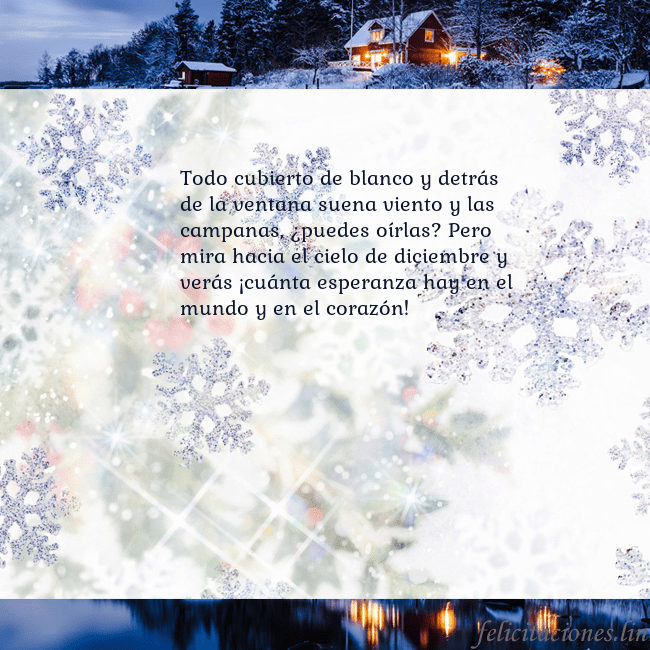 Tarjeta con copos de nieve y pueblo Todo cubierto de blanco y detrás de la ventana sue Tarjeta con copos de nieve y pueblo
