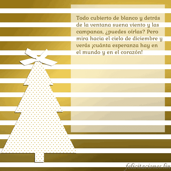 Tarjeta de felicitación de árbol de Navidad dorado brillante Todo cubierto de blanco y detrás de la ventana sue Tarjeta de felicitación de árbol de Navidad dorado brillante