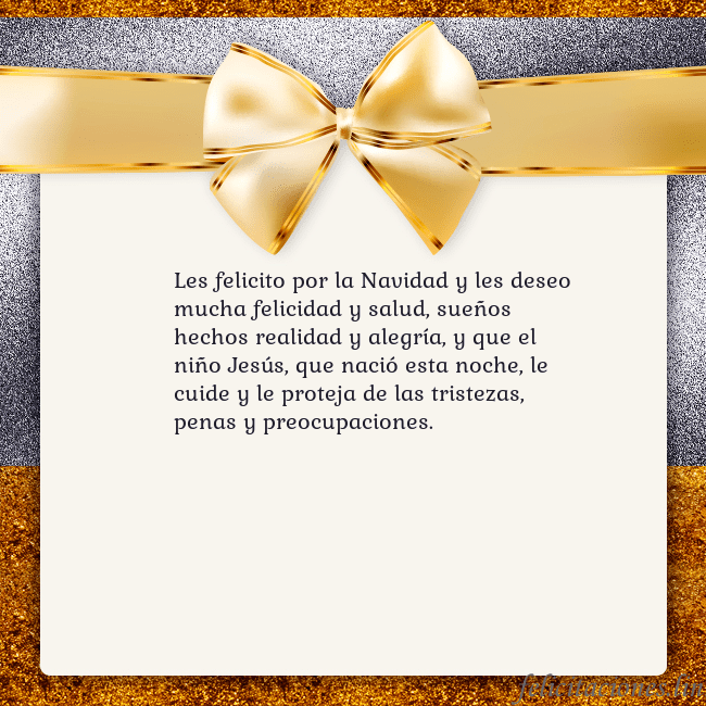 Tarjeta con una gran cinta dorada Les felicito por la Navidad y les deseo mucha feli Tarjeta con una gran cinta dorada