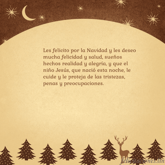 Tarjeta marrón con ciervos y abetos Les felicito por la Navidad y les deseo mucha feli Tarjeta marrón con ciervos y abetos