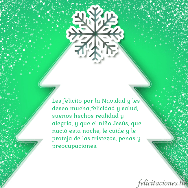 Tarjeta con un gran árbol de Navidad blanco sobre un fondo verde Les felicito por la Navidad y les deseo mucha feli Tarjeta con un gran árbol de Navidad blanco sobre un fondo verde