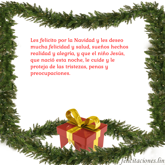 Tarjeta con ramas de abeto y regalo Les felicito por la Navidad y les deseo mucha feli Tarjeta con ramas de abeto y regalo