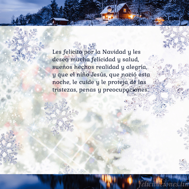 Tarjeta con copos de nieve y pueblo Les felicito por la Navidad y les deseo mucha feli Tarjeta con copos de nieve y pueblo