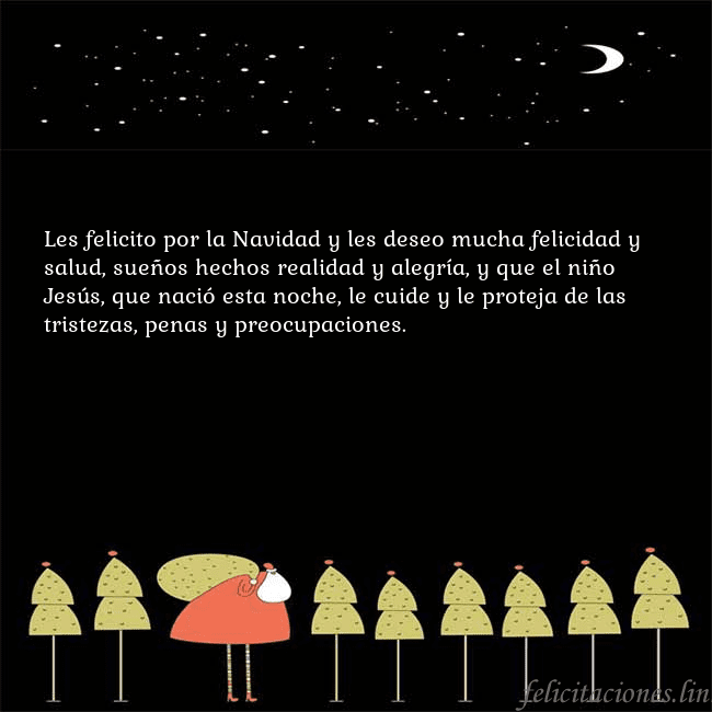 Tarjeta con Papá Noel y árboles de Navidad Les felicito por la Navidad y les deseo mucha feli Tarjeta con Papá Noel y árboles de Navidad