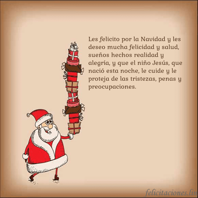 Tarjeta con Papá Noel y regalos Les felicito por la Navidad y les deseo mucha feli Tarjeta con Papá Noel y regalos