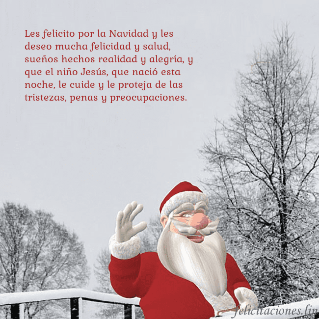 Tarjeta de felicitación con Papá Noel y árboles cubiertos de nieve Les felicito por la Navidad y les deseo mucha feli Tarjeta de felicitación con Papá Noel y árboles cubiertos de nieve