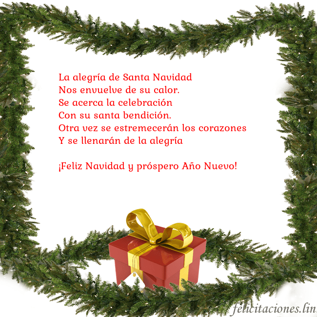 Tarjeta con ramas de abeto y regalo La alegría de Santa Navidad
Nos envuelve de su ca Tarjeta con ramas de abeto y regalo