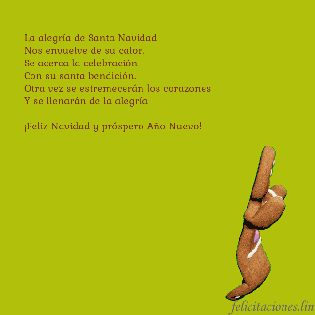 Postal electrónica animada con pan de jengibre bailando La alegría de Santa Navidad
Nos envuelve de su ca Postal electrónica animada con pan de jengibre bailando