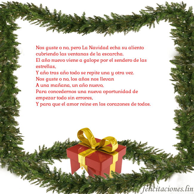 Tarjeta con ramas de abeto y regalo Nos guste o no, pero La Navidad echa su aliento
cu Tarjeta con ramas de abeto y regalo