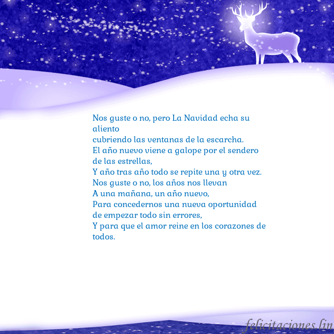 Tarjeta con con nieve y un ciervo brillante Nos guste o no, pero La Navidad echa su aliento
cu Tarjeta con con nieve y un ciervo brillante