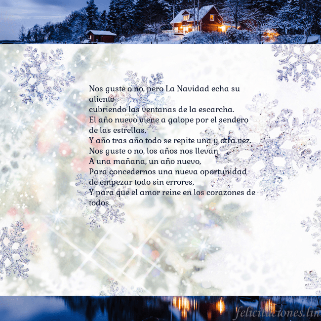 Tarjeta con copos de nieve y pueblo Nos guste o no, pero La Navidad echa su aliento
cu Tarjeta con copos de nieve y pueblo