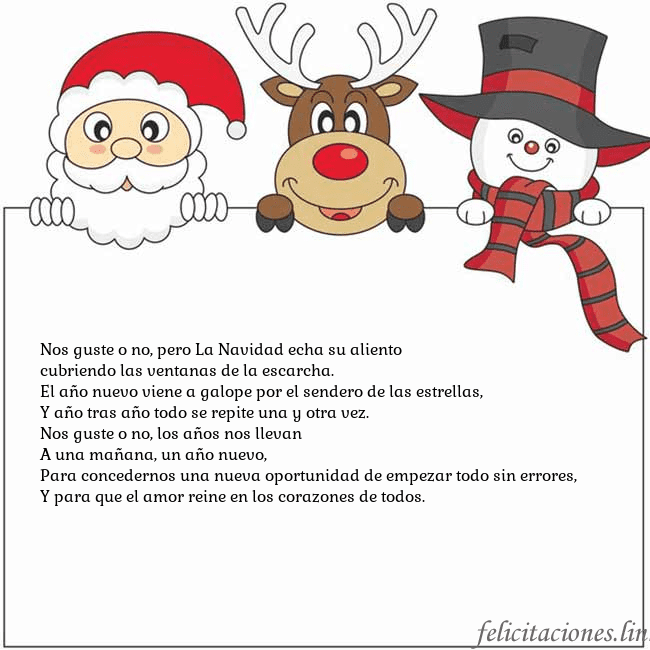 Tarjeta con santa claus, ciervos y monigote de nieve Nos guste o no, pero La Navidad echa su aliento
cu Tarjeta con santa claus, ciervos y monigote de nieve