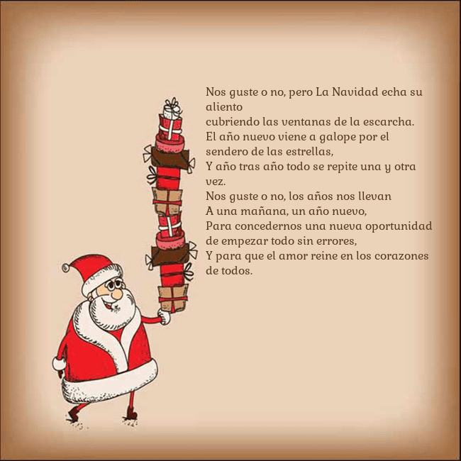 Tarjeta con Papá Noel y regalos Nos guste o no, pero La Navidad echa su aliento
cu Tarjeta con Papá Noel y regalos