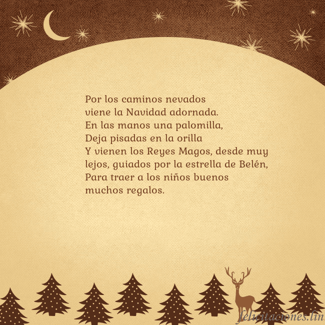 Tarjeta marrón con ciervos y abetos Por los caminos nevados
viene la Navidad adornada. Tarjeta marrón con ciervos y abetos