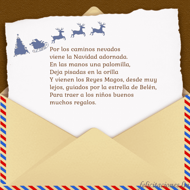 Tarjeta con sobre y ciervo Por los caminos nevados
viene la Navidad adornada. Tarjeta con sobre y ciervo
