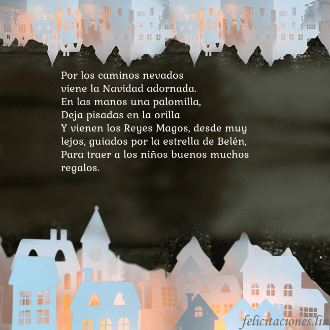 Tarjeta con una ciudad resplandeciente Por los caminos nevados
viene la Navidad adornada. Tarjeta con una ciudad resplandeciente