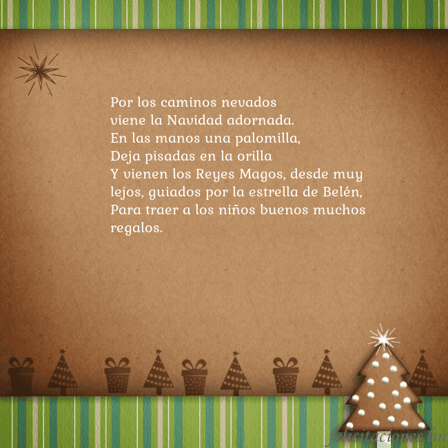 Tarjeta con un árbol de pan de jengibre Por los caminos nevados
viene la Navidad adornada. Tarjeta con un árbol de pan de jengibre