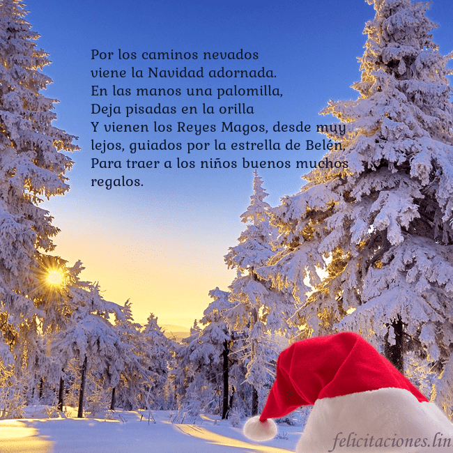 Tarjetas electrónicas de Navidad con bosque nevado Por los caminos nevados
viene la Navidad adornada. Tarjetas electrónicas de Navidad con bosque nevado