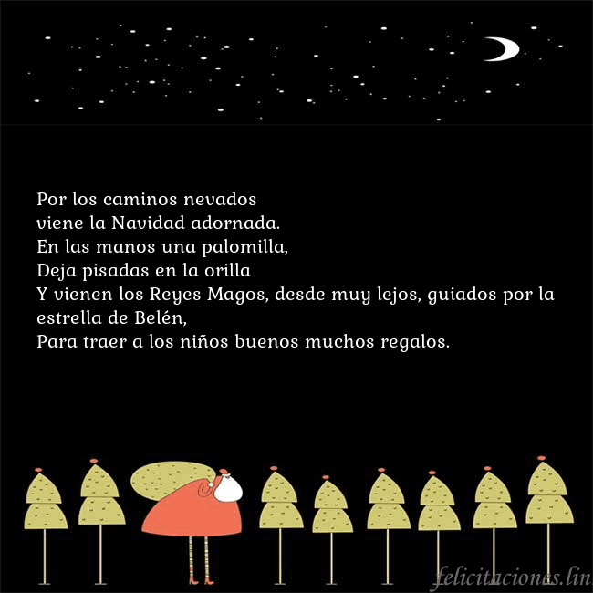 Tarjeta con Papá Noel y árboles de Navidad Por los caminos nevados
viene la Navidad adornada. Tarjeta con Papá Noel y árboles de Navidad