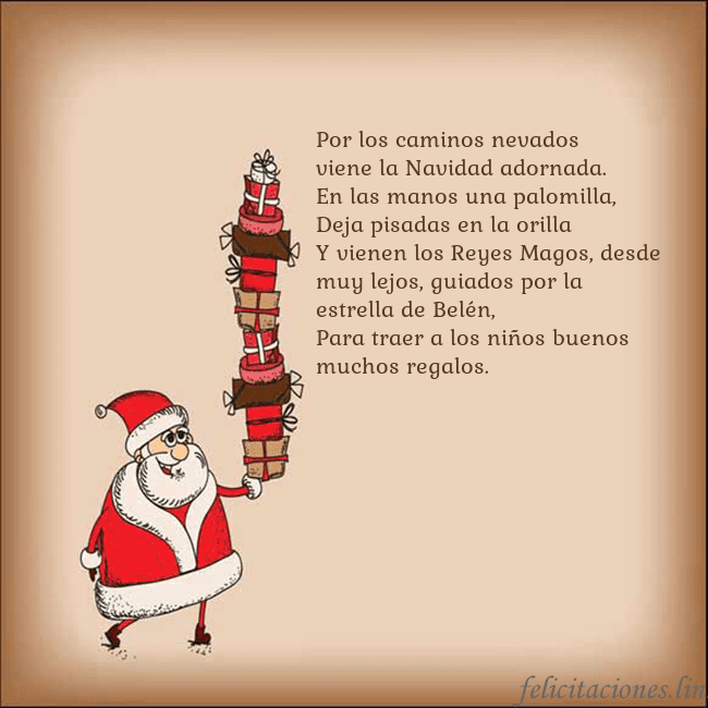 Tarjeta con Papá Noel y regalos Por los caminos nevados
viene la Navidad adornada. Tarjeta con Papá Noel y regalos