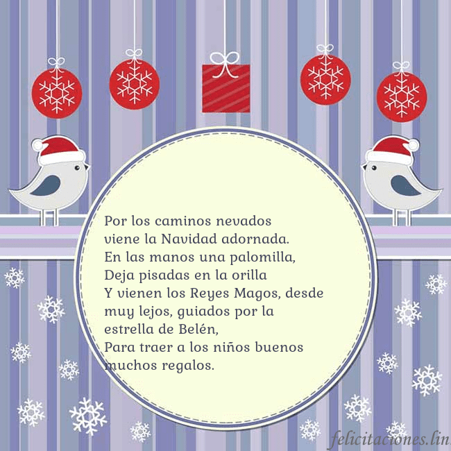 Tarjeta con pájaros navideños Por los caminos nevados
viene la Navidad adornada. Tarjeta con pájaros navideños