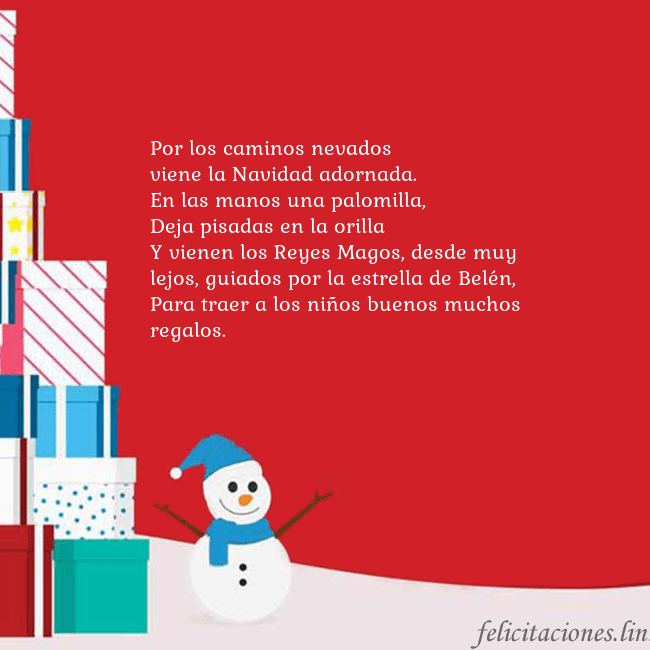 Tarjeta con regalos y muñeco de nieve Por los caminos nevados
viene la Navidad adornada. Tarjeta con regalos y muñeco de nieve